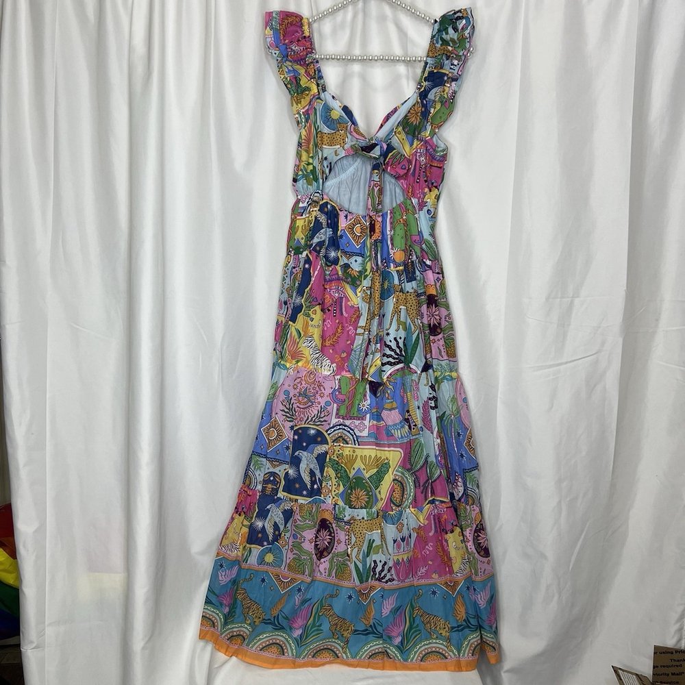 J Marie The Sloane Ruffle Strap Tie Midi Dress Ruffle Sleeve Maxi Cats Birds M - Picture 5 of 12